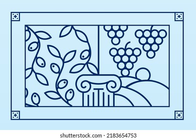 Greece. Vector pattern with famous Greek symbols and landmarks such as olive and wine. Travel endless background for country promotion. Modern background for textile, wrapping paper, prints. 