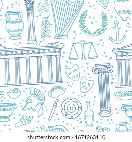 Greece. Vector seamless pattern with famous Greek symbols and landmarks. Hand drawn doodle elements on white. Travel endless background for country promotion.