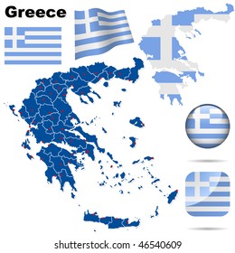 Greece vector set. Detailed country shape with region borders, flags and icons isolated on white background.