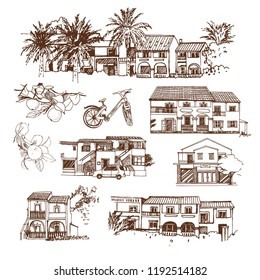 Greece. Vector sketches of the island of Corfu. The architecture of villas and hotels, plants, bicycle. Hand drawn illustration.