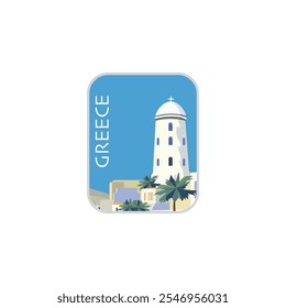 Greece vector stamp, badge, flat skyline logo, icon. Vintage horizon emblem with greek island landmark. Isolated graphic