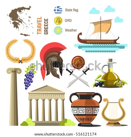 Greece vector travel collection. Greece Landmark Flat Icons Design. Isolated on white.