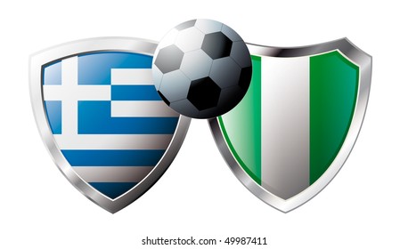 Greece versus Nigeria abstract vector illustration isolated on white background. Shiny football shield of flag Greece versus Nigeria
