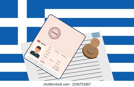 Visa griega, pasaporte con sello abierto con documento de visa aprobado para el cruce de la frontera. Concepto de visa de inmigración. Antecedentes con la bandera griega. ilustración vectorial