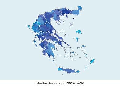 Greece watercolor map vector illustration of blue color with border lines of different regions or provinces on light background using paint brush in page