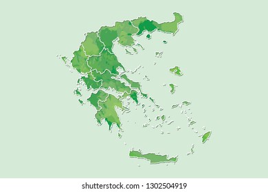 Greece watercolor map vector illustration of green color with border lines of different regions or provinces on light background using paint brush in page