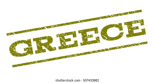 Greece watermark stamp. Text caption between parallel lines with grunge design style. Rubber seal stamp with dirty texture. Vector olive color ink imprint on a white background.