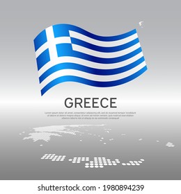 Bandera ondulada de Grecia y mapa de mosaicos sobre el fondo de la luz. Fondo creativo para el afiche austriaco nacional. Diseño de vectores. Folleto de negocios. Cartel patriótico del estado griego, volante