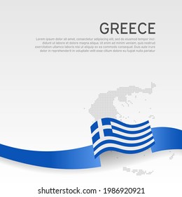 Greece wavy flag and mosaic map on white background. Greece flag wavy ribbon color. National poster design. State greek patriotic banner, flyer. Business booklet. Vector illustration