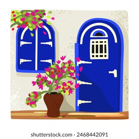 Grecia. Pared blanca con ventana azul y puerta decorada con flores de color rosa brillante. Ilustración vectorial.