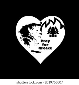 Greece Wildfire Support Icon. Heart shape with silhouette of the country and trees with flames.