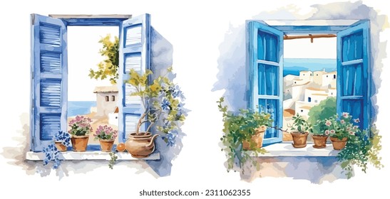 Greece in the window clipart, isolated vector illustration.