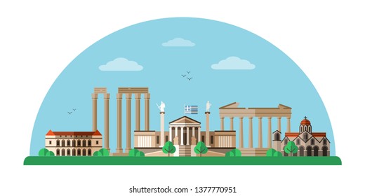 Greece world famous landmarks flat illustration. Athens cityscape. European historical and architectural tourist attractions. Ancient buildings and ruins vector clipart. Travel postcard design element