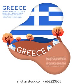Greece : World Flag in paper cut shapes with trees and mountains in the layers : Vector Illustration