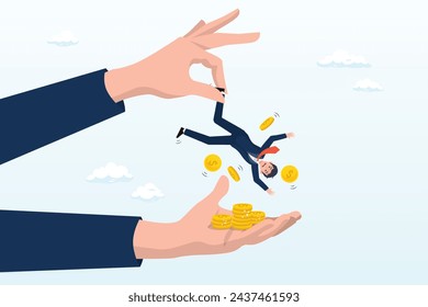 Greed businessman hold small people shaking to get all their money, tax hike, government increase tax, steal money from people, loan interest to pay off, unethical people overcharge bills (Vector)