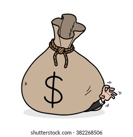 Greed, a hand drawn vector illustration of a big money bag on top of a greedy businessman.