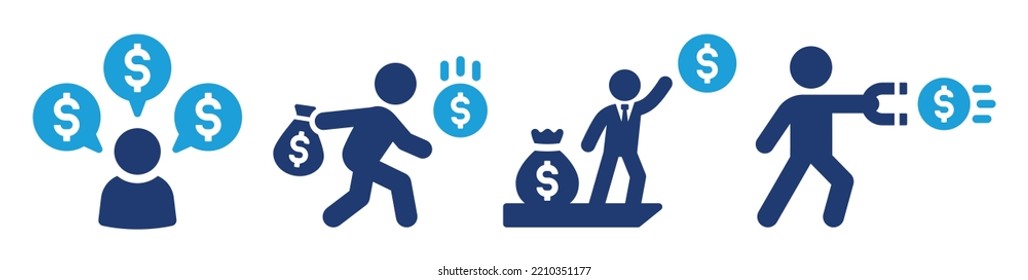 Greed icon set. Greedy icon collection. Man grabbing money symbol vector illustration.