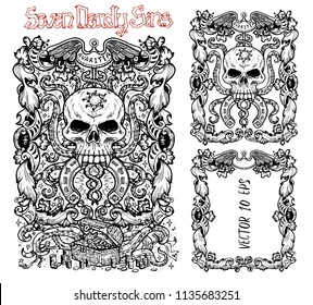 Greed. Latin word Avaritia means Avarice. Seven deadly sins concept, black and white vector set with frame. Hand drawn engraved illustration, tattoo and t-shirt design, religious symbol
