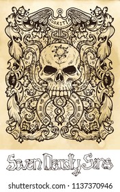Greed. Latin word Avaritia means Avarice. Seven deadly sins concept on texture vector background. Vector collection with frame. Hand drawn engraved illustration, tattoo and t-shirt design