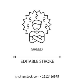 Greed Pixel perfekte Linearsymbol. Schlechte persönliche Eigenschaft, negative Qualität, feine, anpassbare Illustration. Contour-Symbol. Graue Person, Vektorgrafik einzeln Umrisszeichnung. Bearbeitbarer Hub