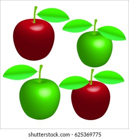 greed and red apple on white background