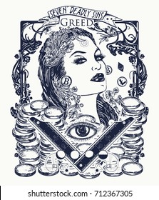 Greed. Seven deadly sins tattoo and t-shirt design. Greedy rich woman, luxury lifestyle, wealthy, millionaire, gold, seven mortal sins. Glamour beautiful woman lady 
