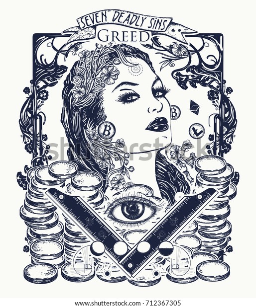 Greed. Seven deadly sins\
tattoo and t-shirt design. Greedy rich woman, luxury lifestyle,\
wealthy, millionaire, gold, seven mortal sins. Glamour beautiful\
woman lady \
