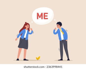 Greed or spoiled concept. Selfish and ego make people argue for their right, overconfidence or narcissism fighting or conflict, selfish businessman and businesswoman argue by shouting the word ME.