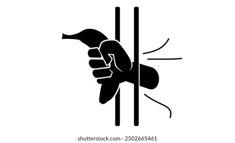 Gier-Symbol, Hand mit Banane in Käfig stecken, schwarz einzelne Silhouette