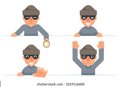 Greedily evil thief grabbing hand flashlight peeping out surrender give up characters cartoon set flat design isolated vector illustration