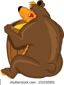 Greedy bear with a barrel of honey dissatisfied growls