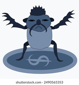 a greedy beetle stands on a crypto coin with its paws spread to the sides. Vector image.