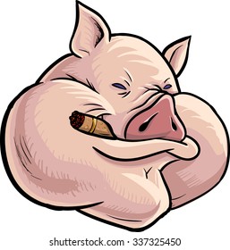 Greedy bossy pig character. Drawn in comic book style. Cartoon hero illustration. Vector character isolated on white background.