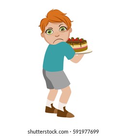 Greedy Boy Not Sharing Cake, Part Of Bad Kids Behavior And Bullies Series Of Vector Illustrations With Characters Being Rude And Offensive