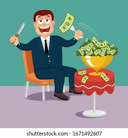 Greedy Businessman Eating Money, Illustration Vector Cartoon
