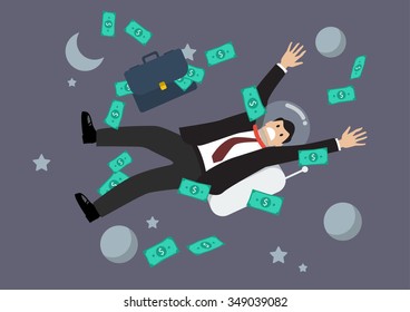 Greedy businessman floating in the space. Business concept