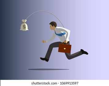 Greedy businessman running after bag of money. Concept of greed, avarice, excess, unwise selfishness. Vector illustration