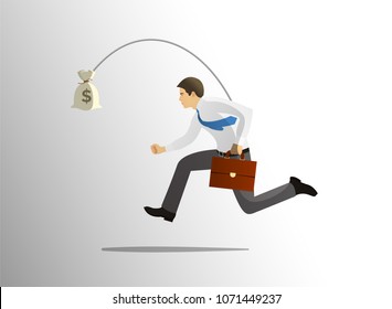 Greedy businessman running after bag of money. Concept of greed, avarice, excess, unwise selfishness. Vector illustration