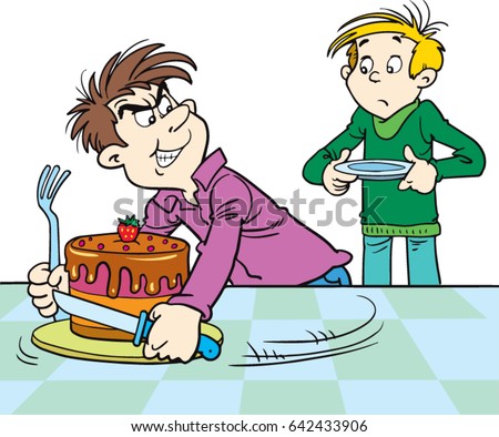 greedy cartoon boy not wanting to share his cake