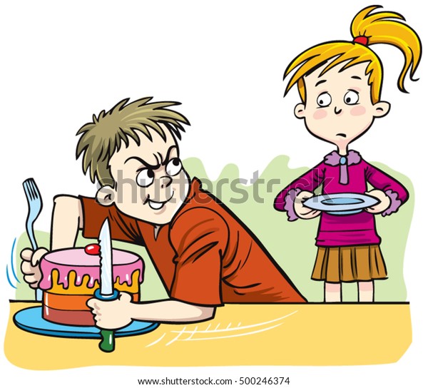 greedy cartoon\
boy not wanting to share his\
cake