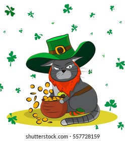 Greedy Cat dressed as a leprechaun and gold. Poster St. Patrick's Day