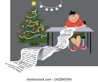 Greedy child writing a letter to Santa Claus with a long list of toys he wants, EPS 8 vector illustration