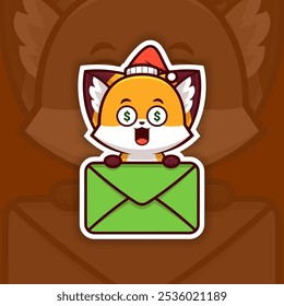 Greedy Christmas Fox Holding Mail Icon, Vector Sticker Design