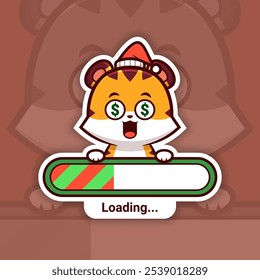Greedy Christmas Tiger Holding a Loading Bar, Cute Vector Sticker Design