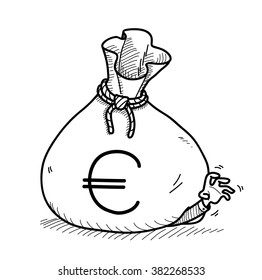 Greedy Doodle, a hand drawn vector doodle illustration of a big money bag on top of a greedy businessman.