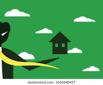 ilustração de personagem maligno ganancioso. casa na mão. senhor da terra. anfitrião. chefe malvado. design de personagem maligno minimalista. conceito imobiliário