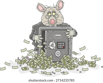Rata gorda codiciosa con su caja fuerte abierta rebosante de dinero, ilustración de dibujos animados de Vector sobre un fondo blanco