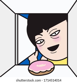 Greedy Girl Feeling Happy While Looking At Donut On Shelf In Fridge. Sugar Addicted Person Concept Card Character illustration