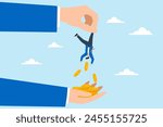 Greedy hand hold small businessman, shaking them to extract all their money, illustrating tax hikes or unethical practices. Concept of governments increase taxes or individuals overcharge bills