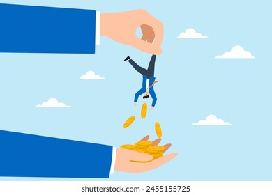 Greedy hand hold small businessman, shaking them to extract all their money, illustrating tax hikes or unethical practices. Concept of governments increase taxes or individuals overcharge bills